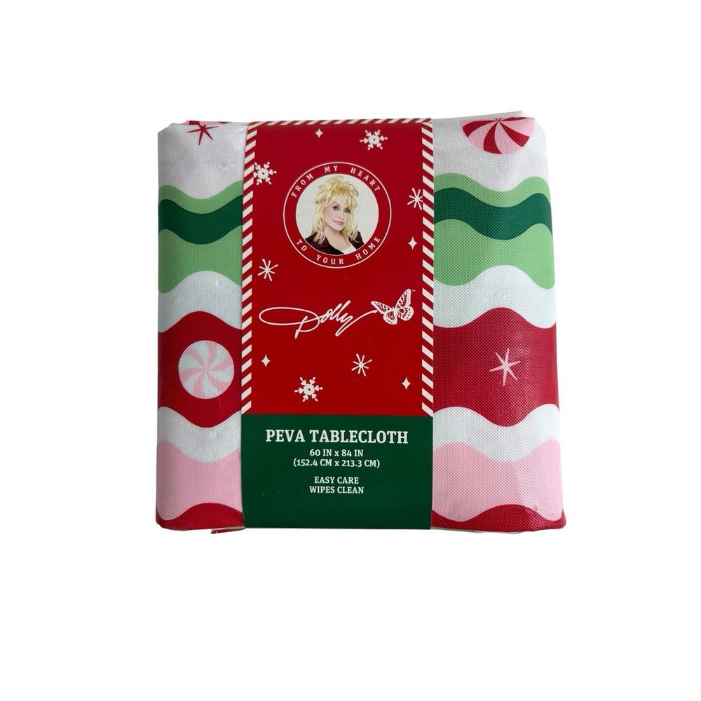 Dolly Parton Peppermint Stripes Rectangle 60x84 Christmas Vinyl Tablecloth NEW